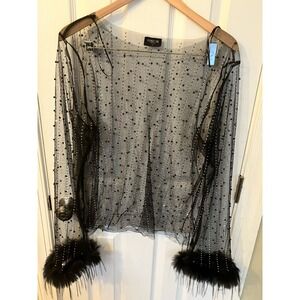 Women's Mesh Sheer Black Rhinestone/Pearl Long Sleeve Feathered Faux Blouse 2XL